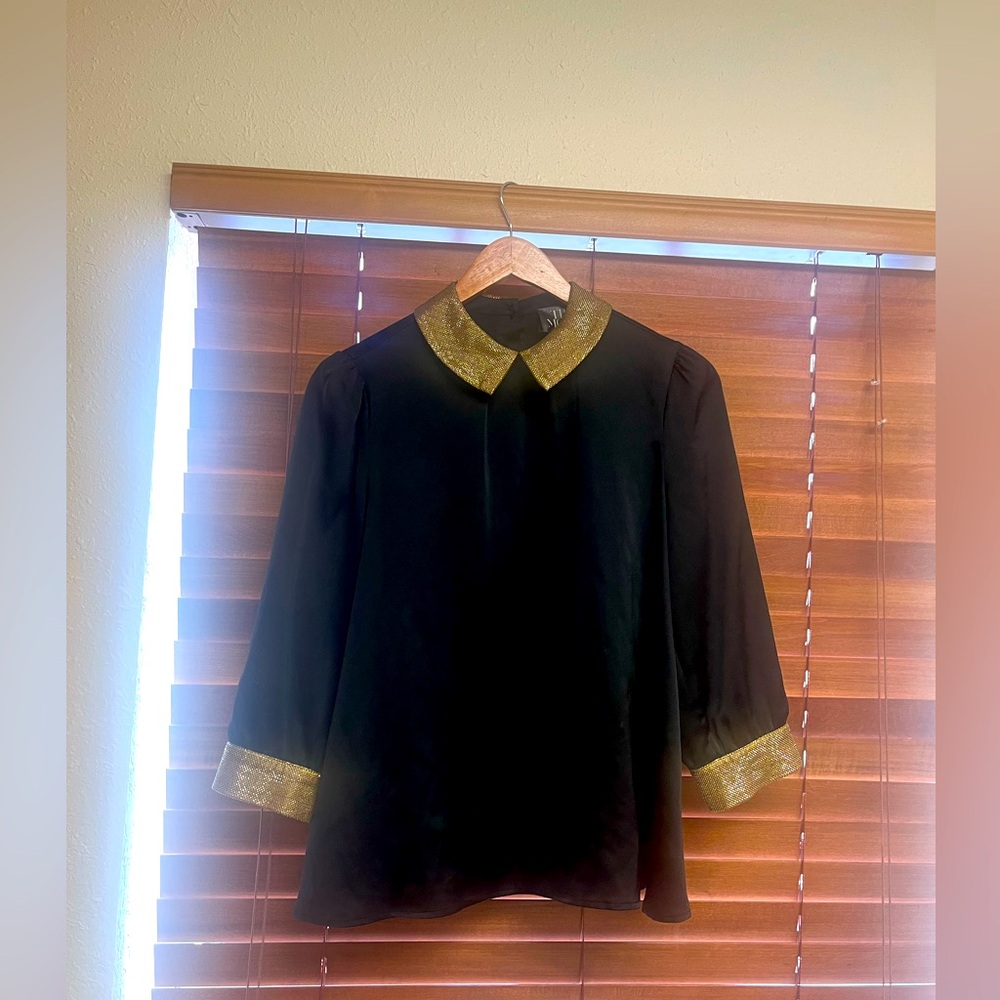 Peter Pan Gold Sequin Collar Black Blouse THE MOON satin Size‎ M